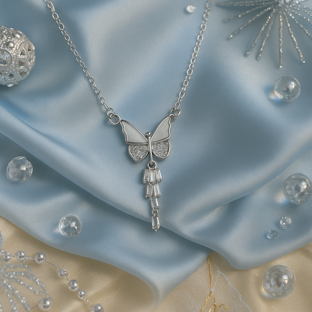 Silver butterfly with crystal wings and a drop charm