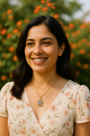 Halo Style Pendant with Purple Gemstone & Gold Chain