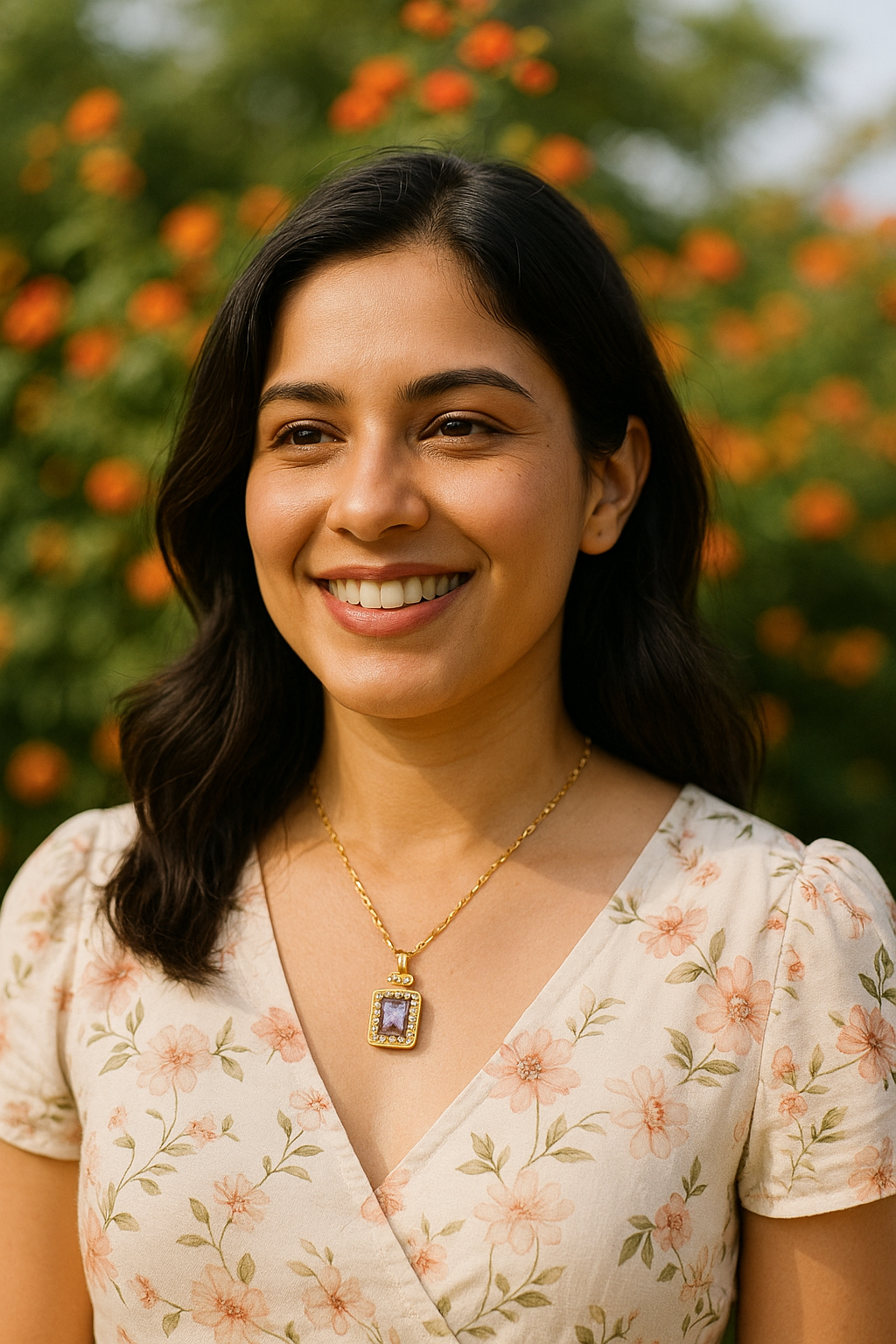 Halo Style Pendant with Purple Gemstone & Gold Chain