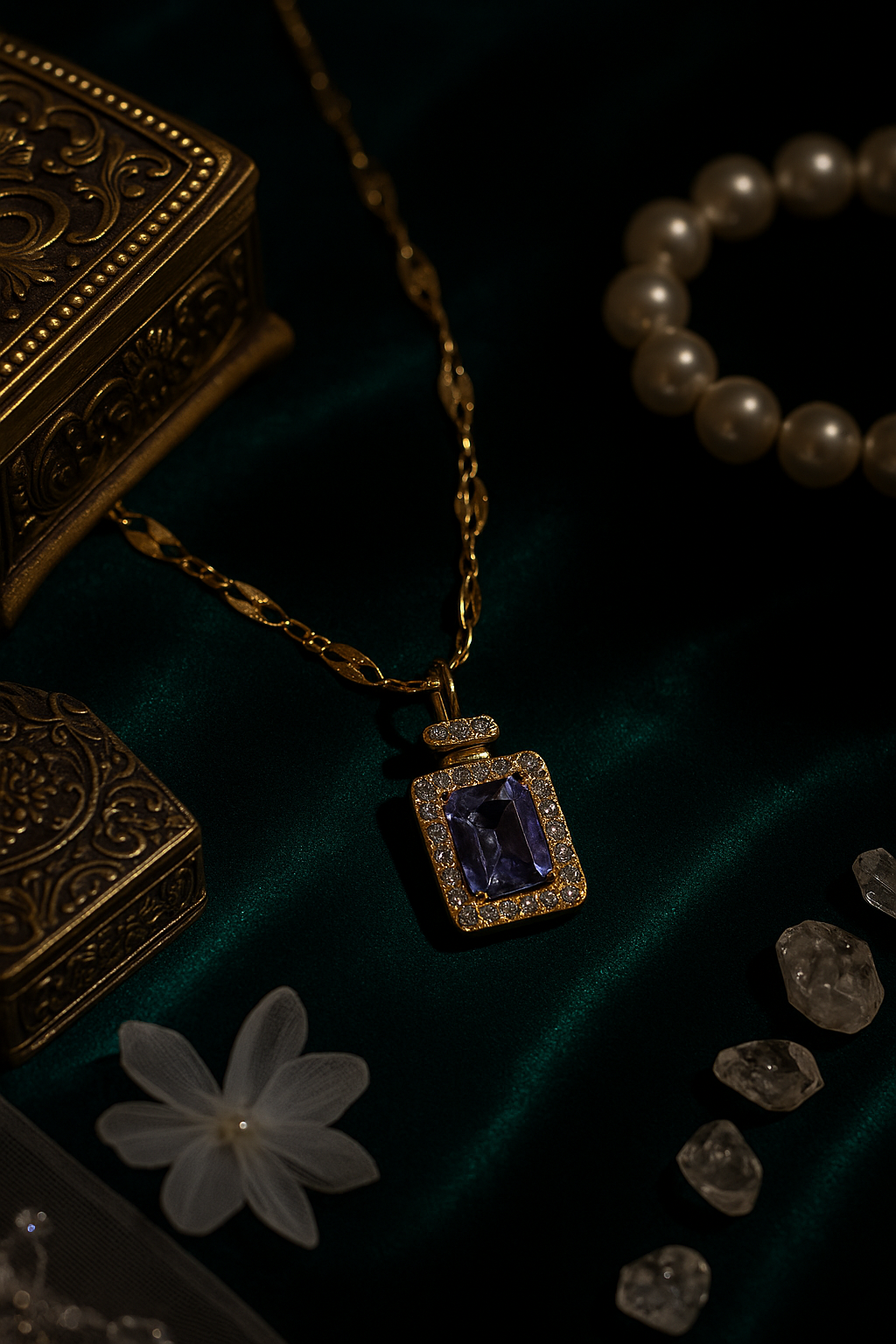 Halo Style Pendant with Purple Gemstone & Gold Chain