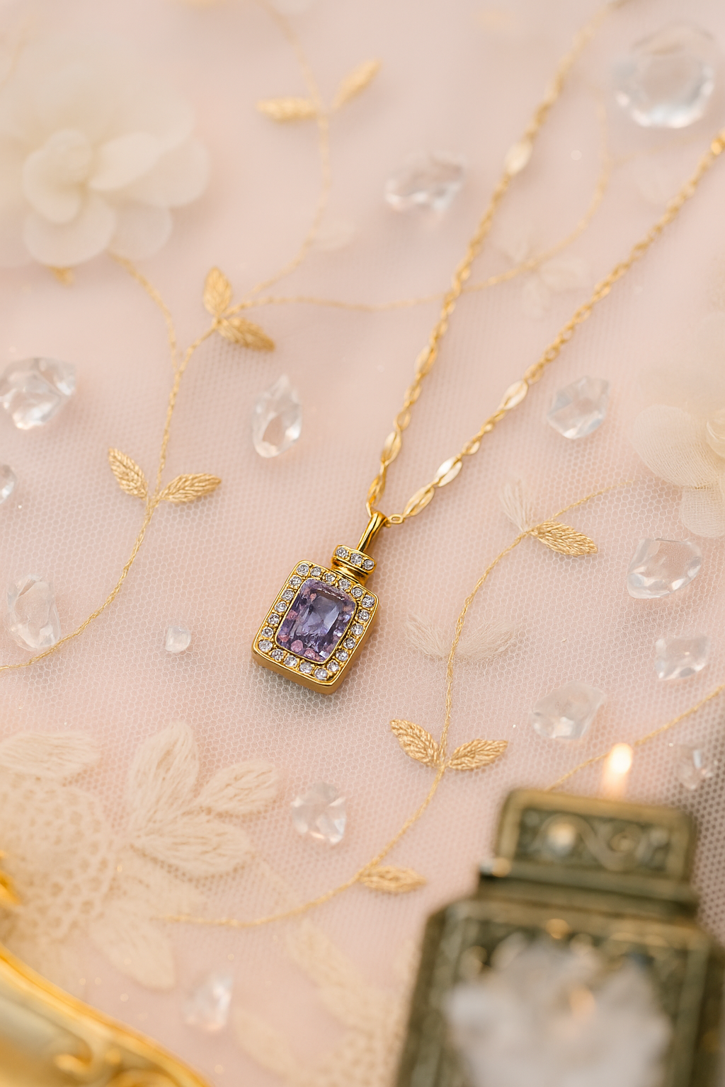 Halo Style Pendant with Purple Gemstone & Gold Chain