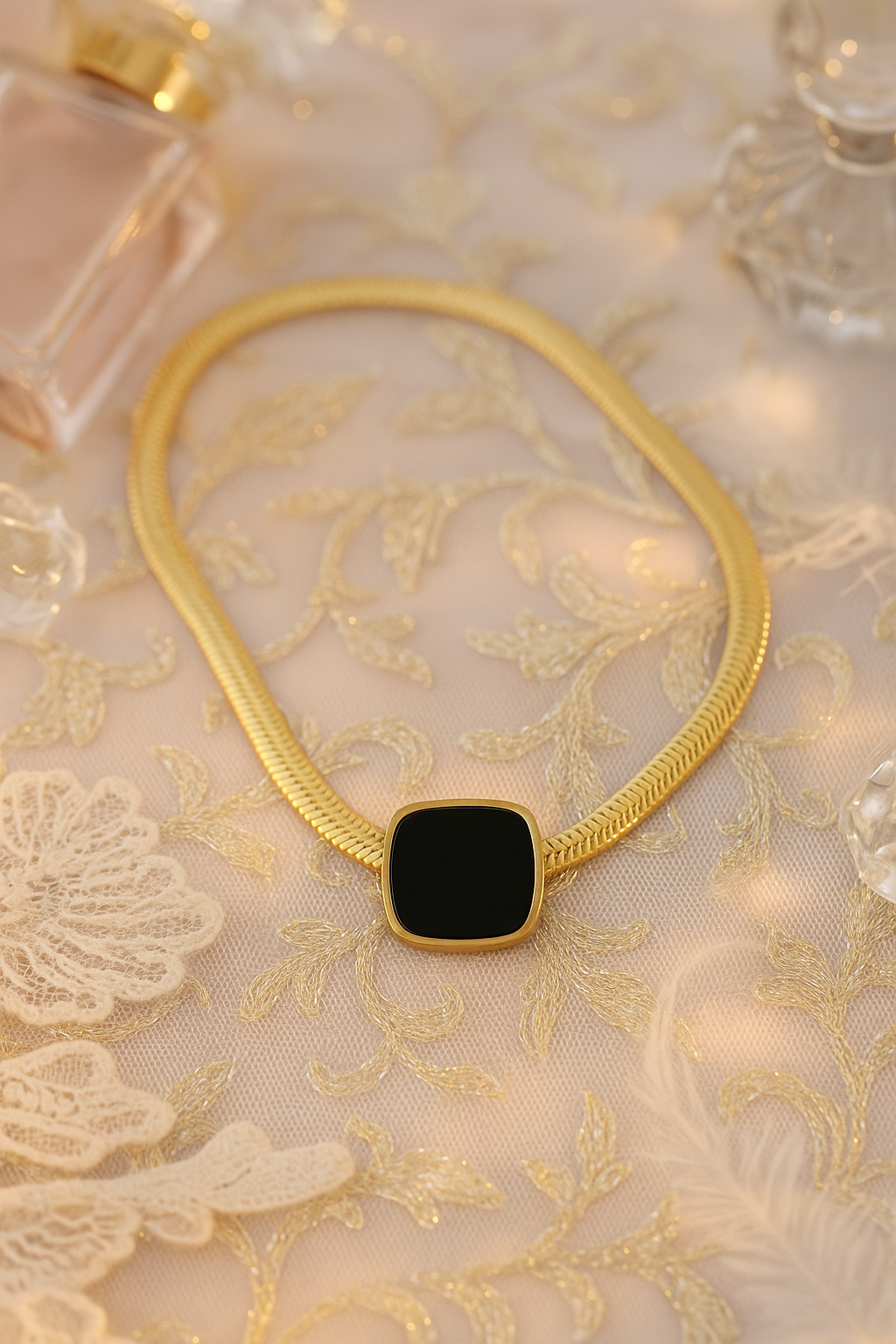 Bold Black Square Pendant with Gold Snake Chain