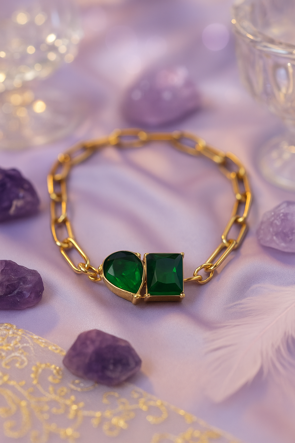 Statement Gold Chain Pendant with Emerald Green Stones