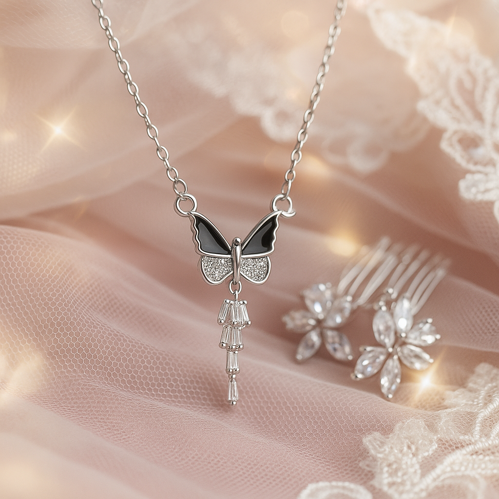 Silver Butterfly Pendant with Dangling Crystal Drops