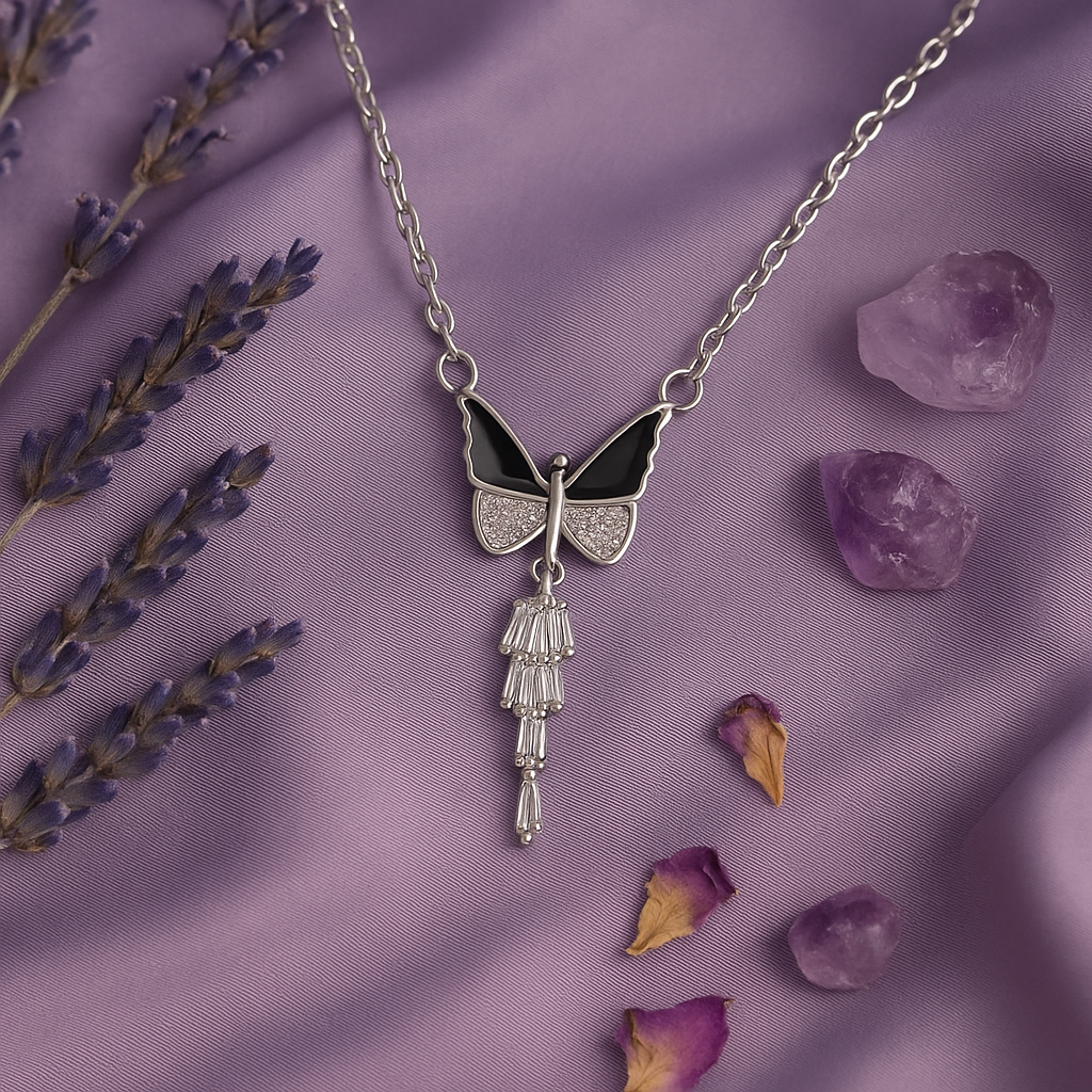 Silver Butterfly Pendant with Dangling Crystal Drops