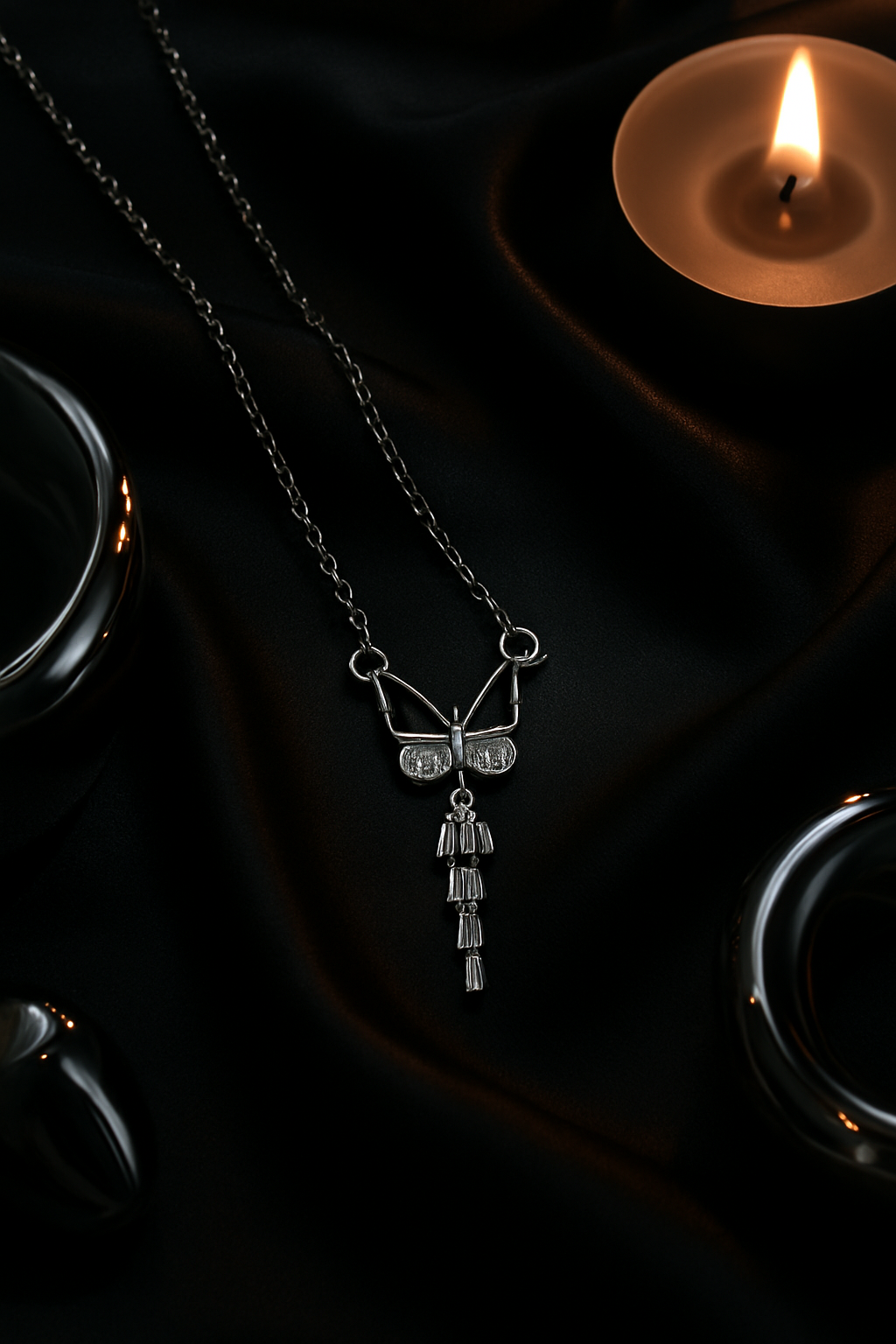 Silver Butterfly Pendant with Dangling Crystal Drops