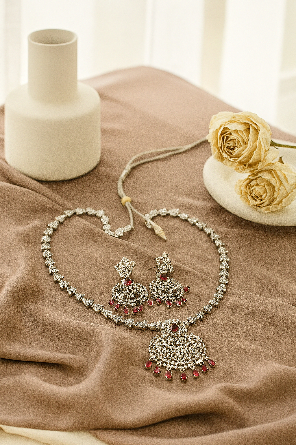 Ruby Chandelier Bridal AD Necklace Set