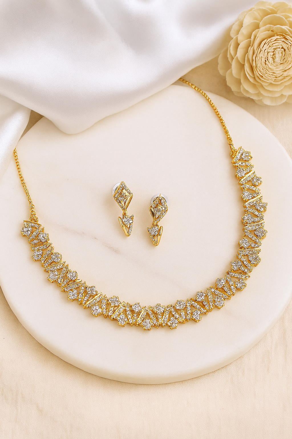 Golden Zigzag Floral AD Necklace Set