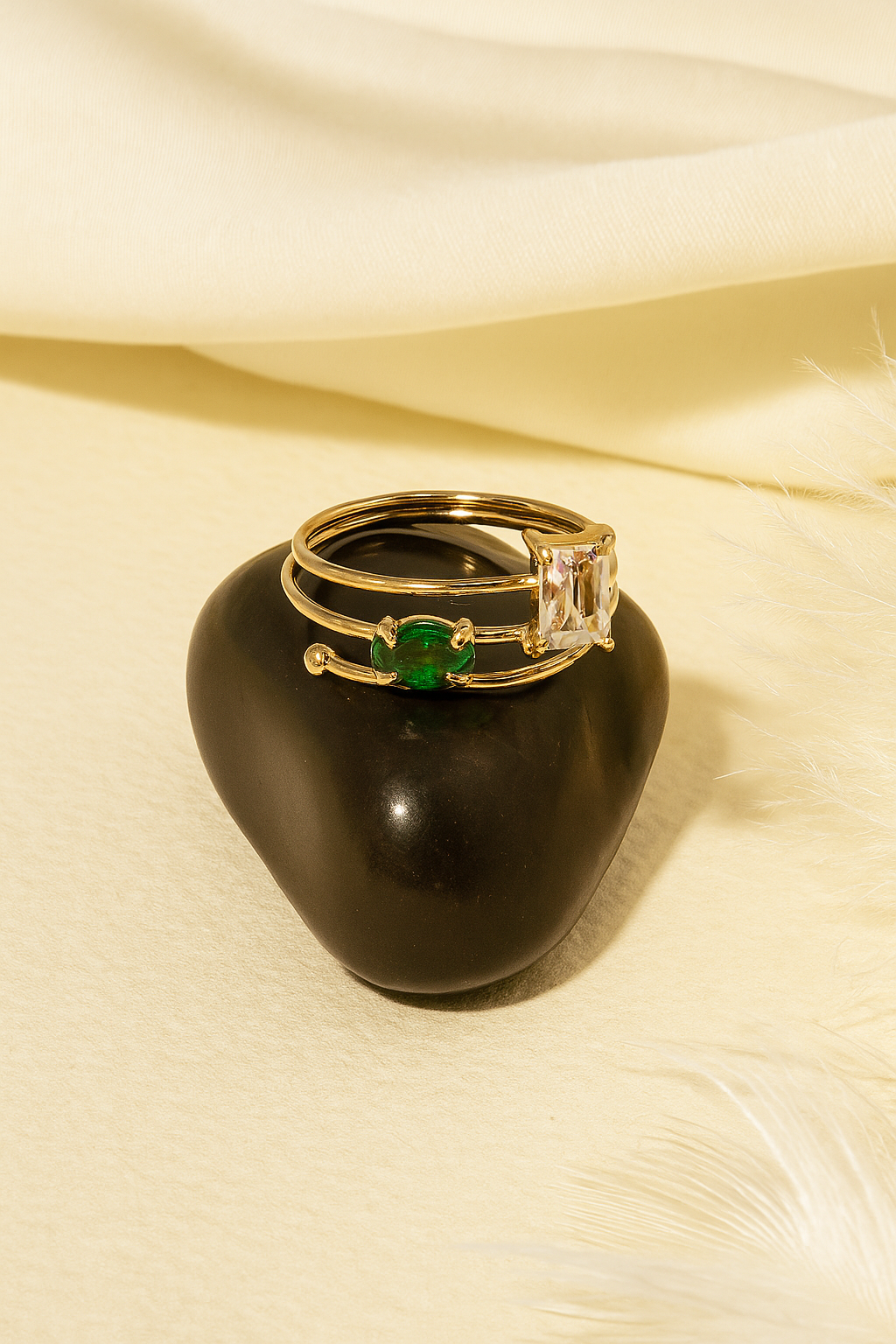 Twin Stone Spiral Ring in Green and White