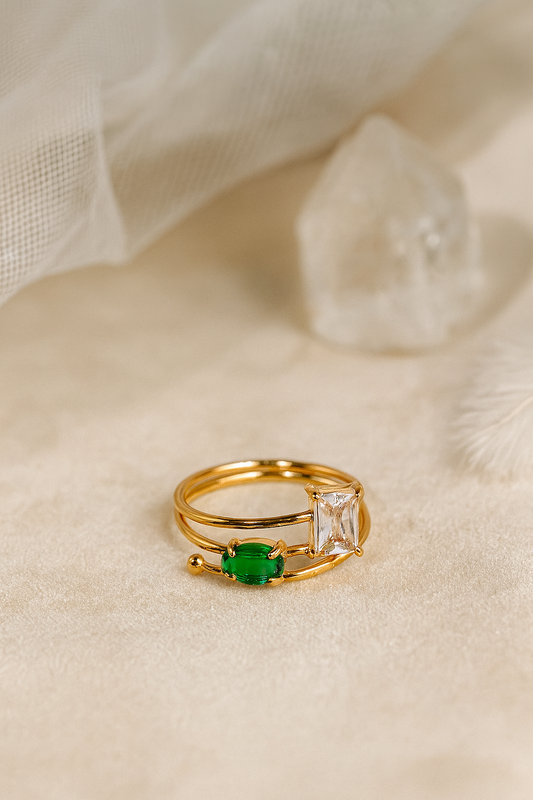 Twin Stone Spiral Ring in Green and White