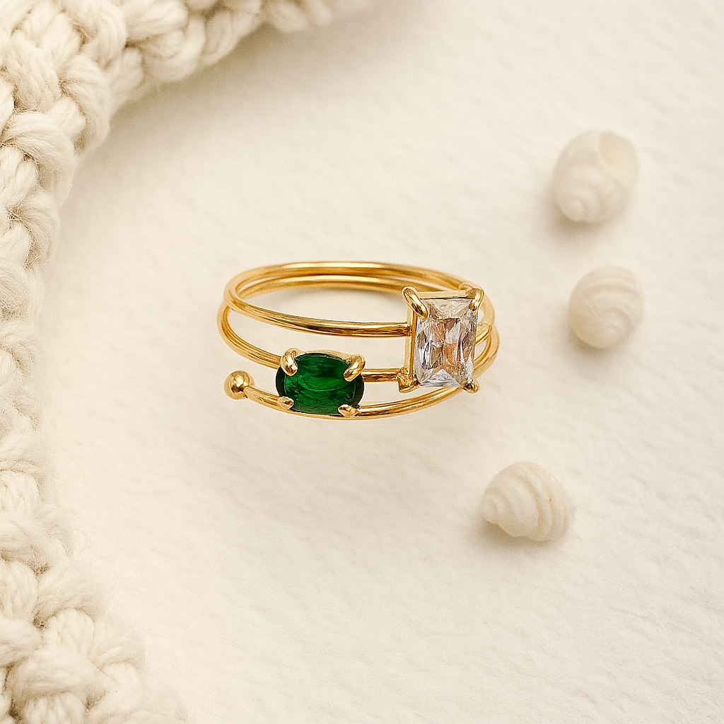 Twin Stone Spiral Ring in Green and White