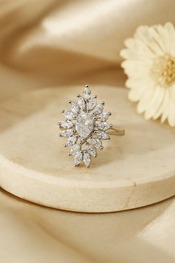 White Teardrop Cluster Ring in Silver