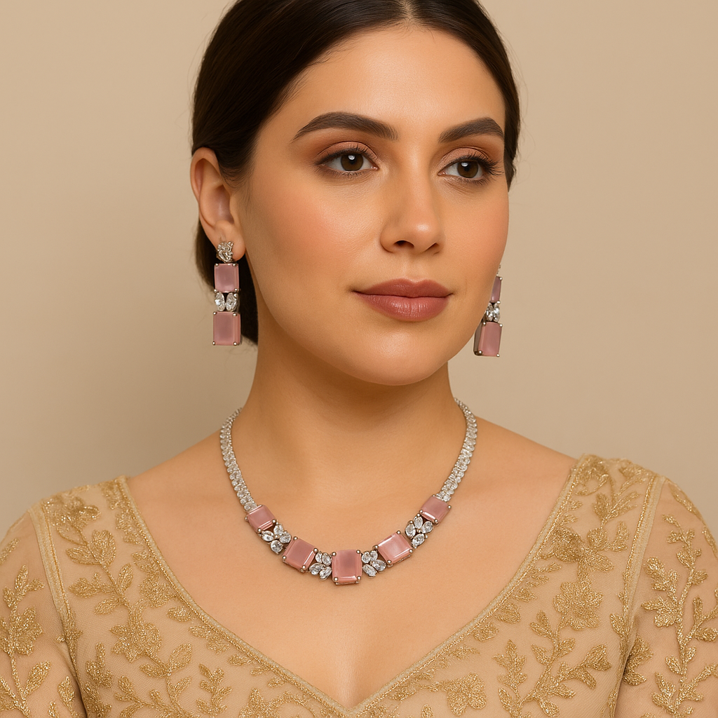 Pastel Pink Rectangular AD Necklace Set