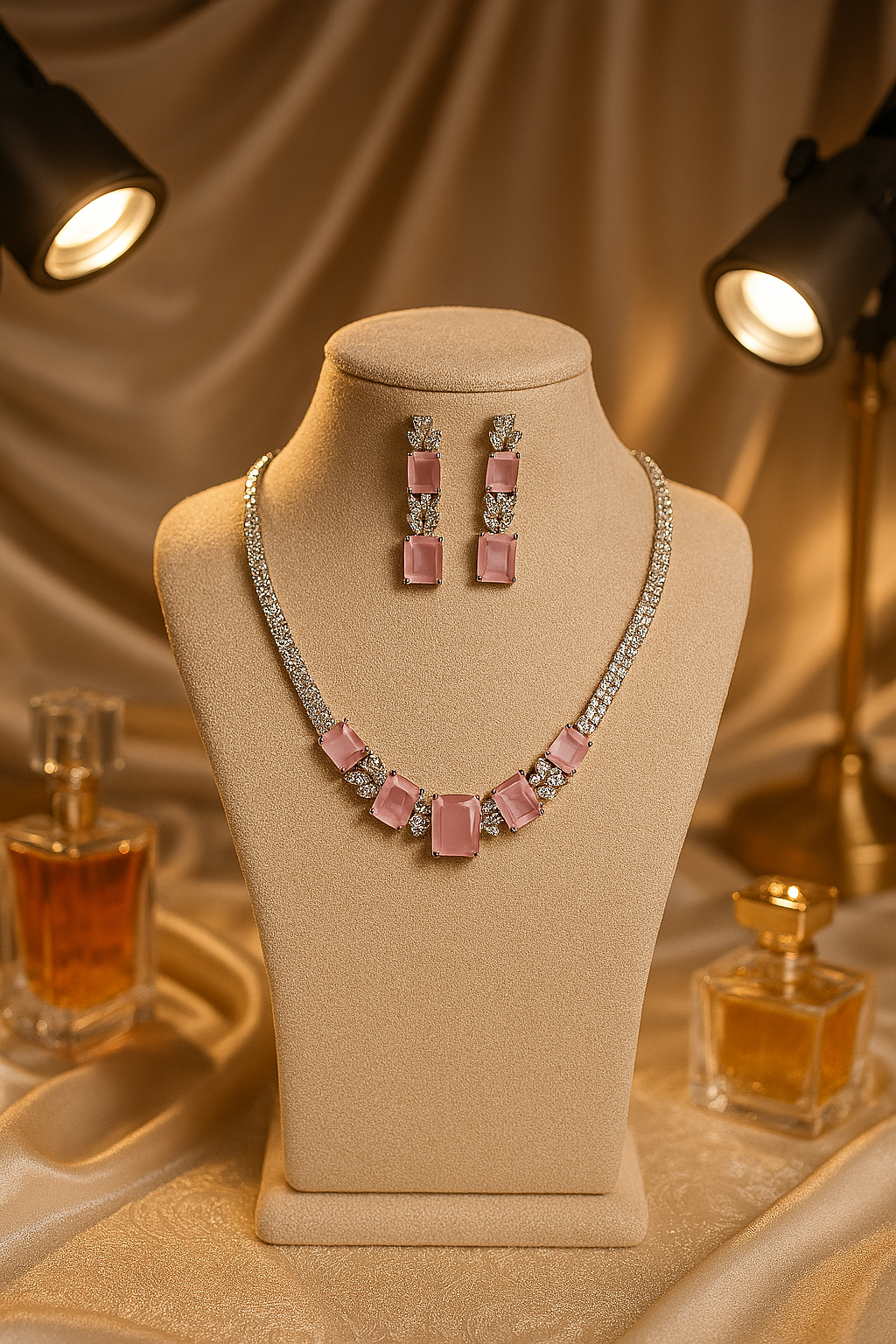 Pastel Pink Rectangular AD Necklace Set