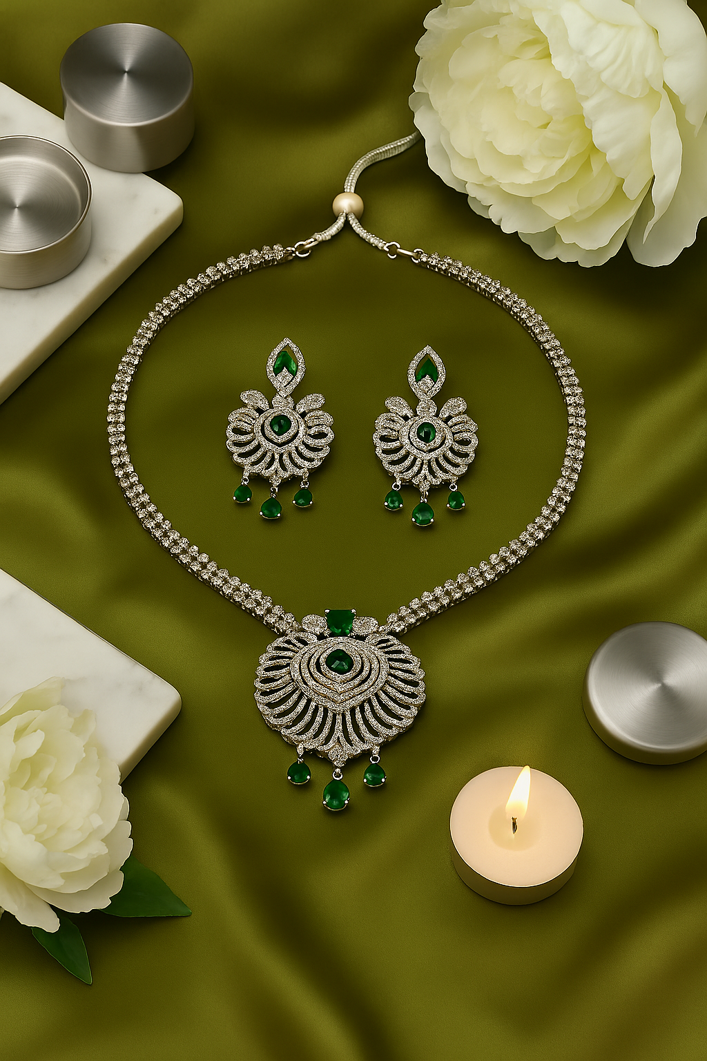 Emerald Peacock Designer AD Necklace Set