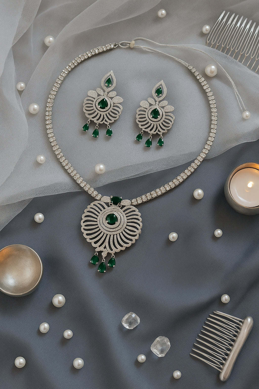 Emerald Peacock Designer AD Necklace Set