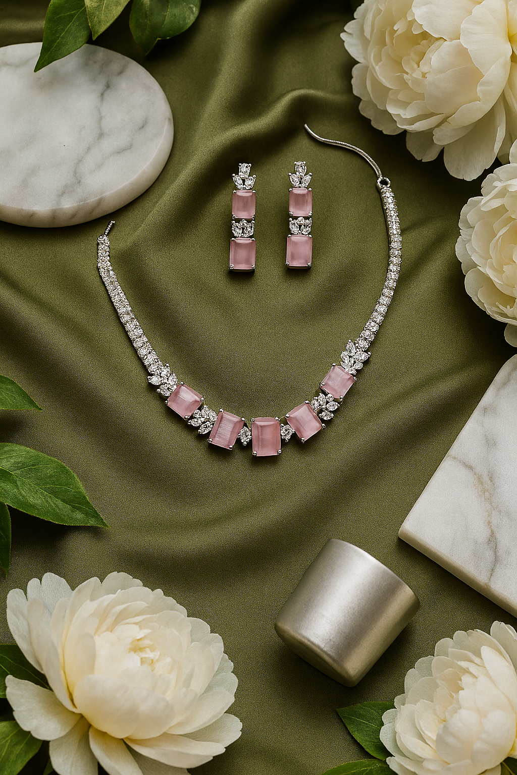 Pastel Pink Rectangular AD Necklace Set