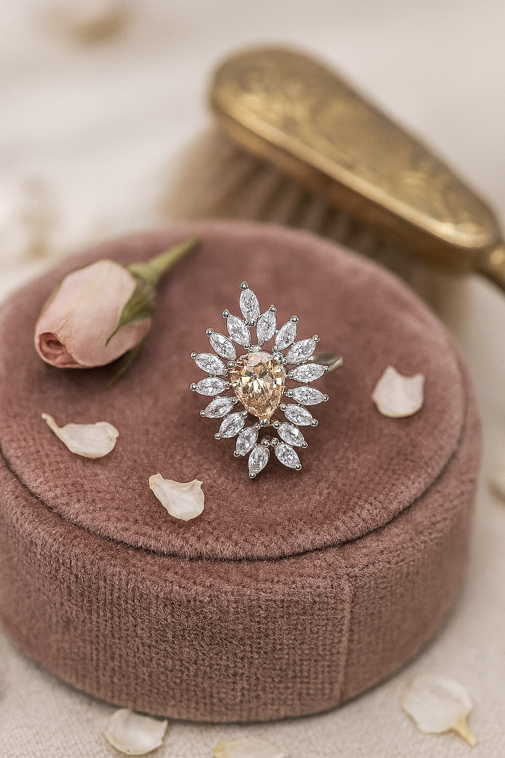 Peach Drop Halo Ring with White Marquise Crystals