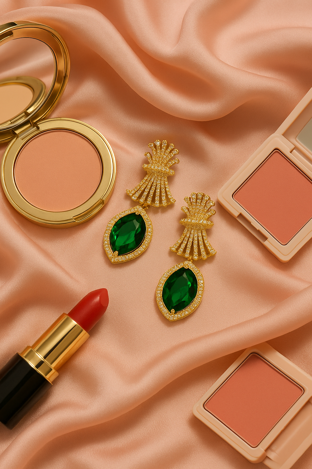 Emerald Green Diamond-Cut AD Earrings with Fan Top