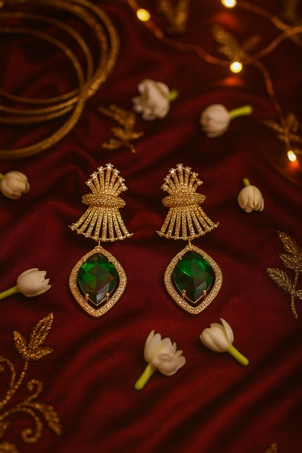 Emerald Green Diamond-Cut AD Earrings with Fan Top