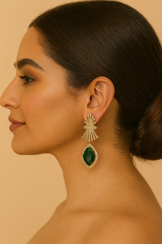 Emerald Green Diamond-Cut AD Earrings with Fan Top