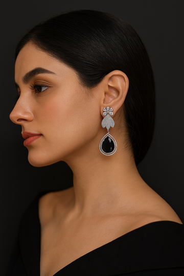 Floral Stud Earrings with Large Blue Drop