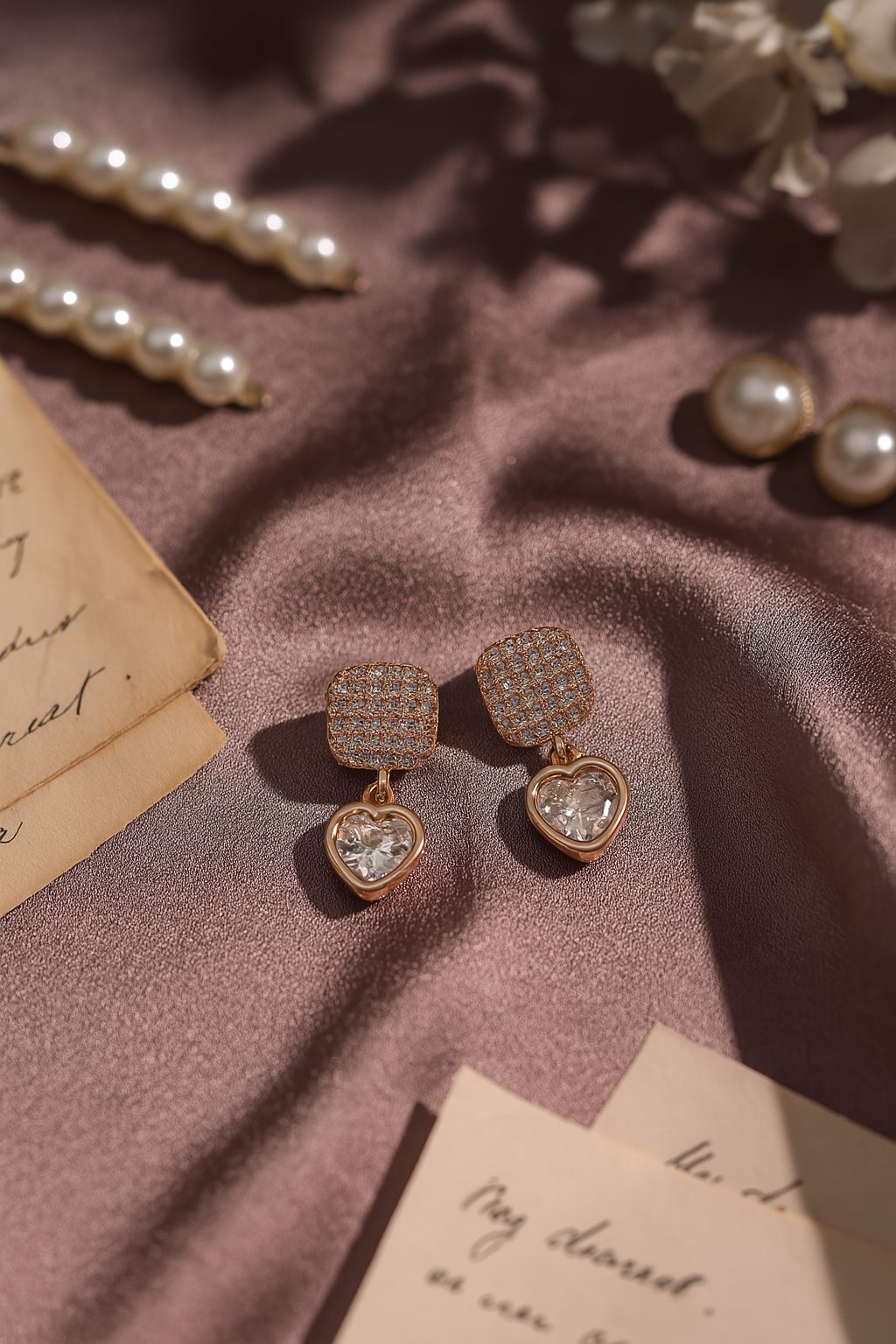 Heart Drop Studs with Crystal Center