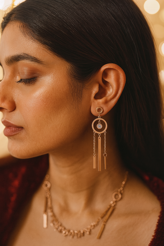 Rose Gold Boho Geometric Drop Earrings with Chains