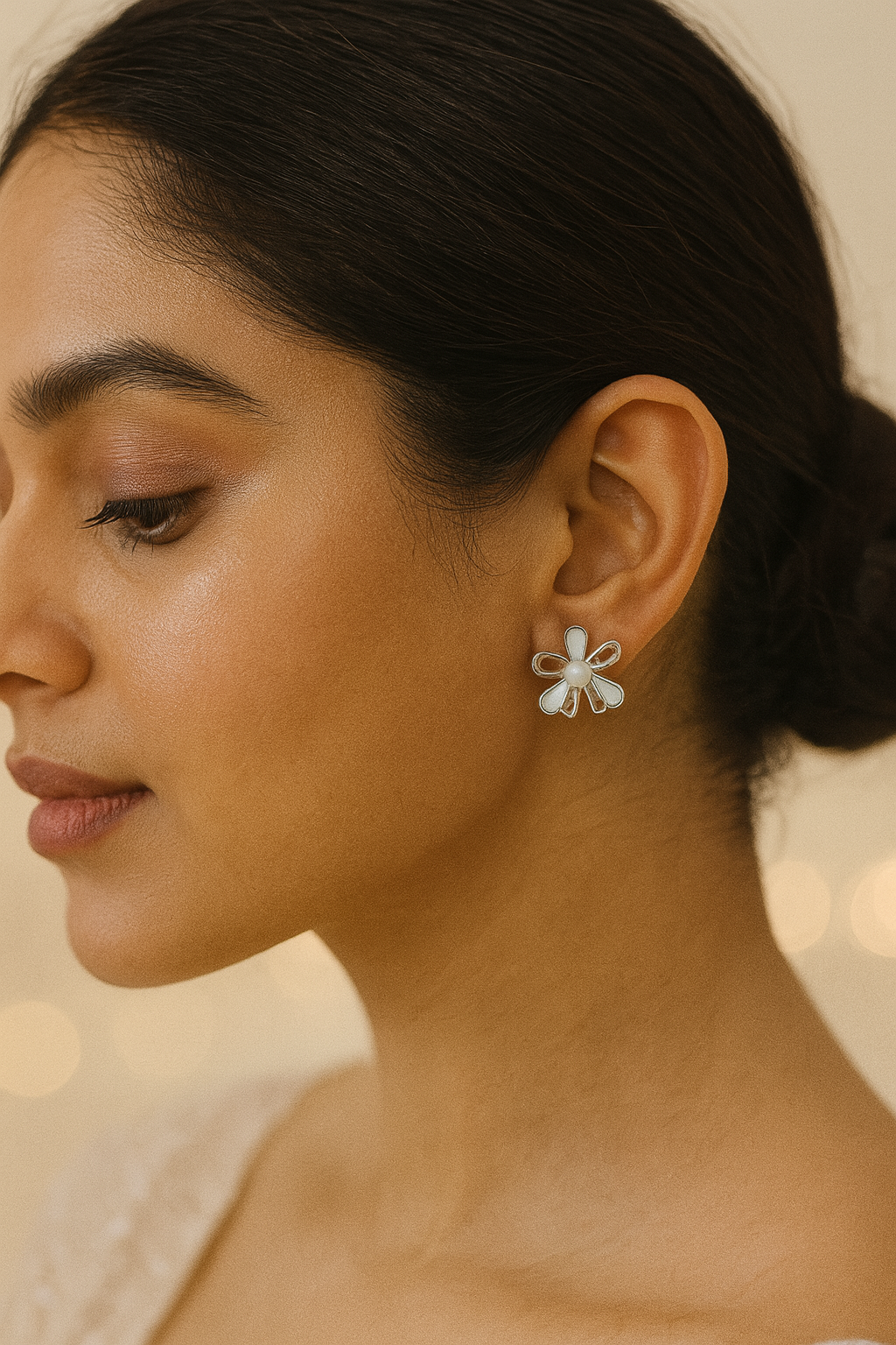 Silver & White Enamel Floral Stud Earrings with Pearl Center
