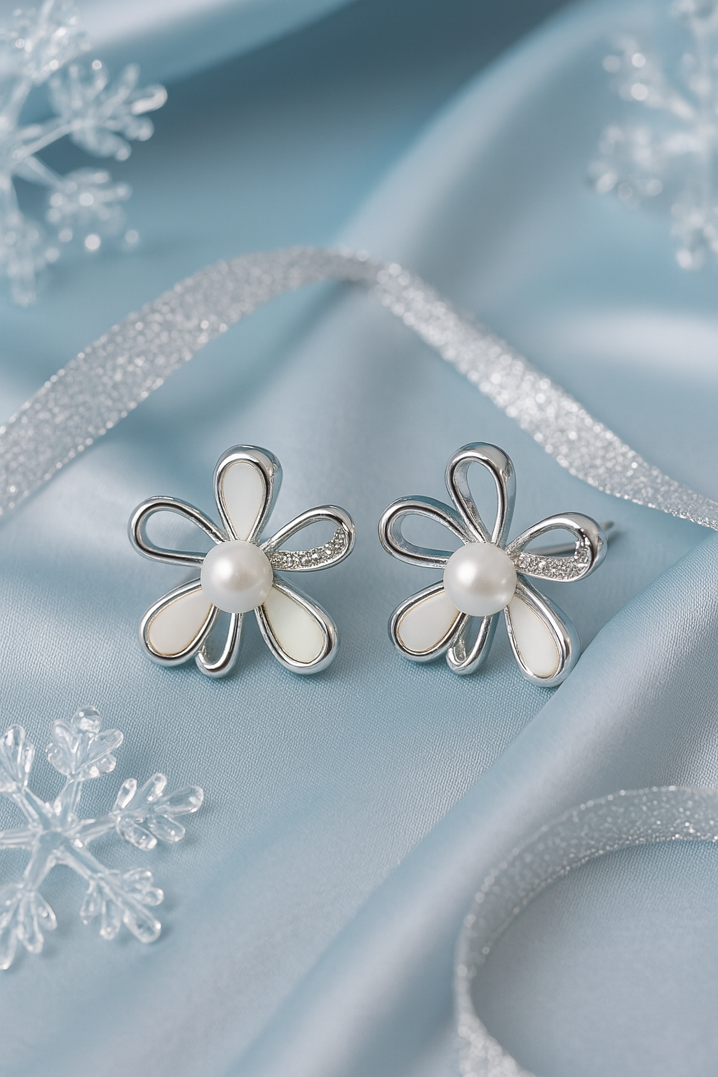 Silver & White Enamel Floral Stud Earrings with Pearl Center