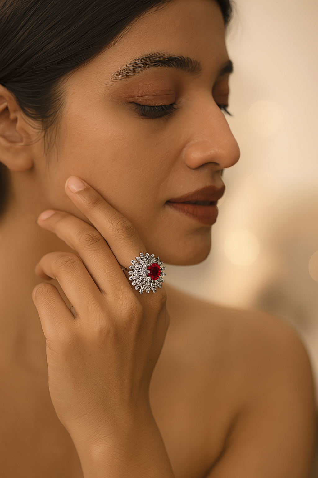 Bold Ruby Red Floral Ring with CZ Halo