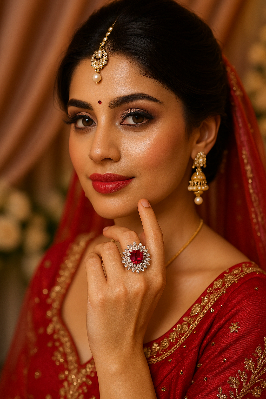 Bold Ruby Red Floral Ring with CZ Halo