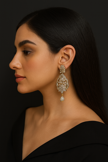 Classic Tear-Drop Leaf Motif AD Earrings with CZ Detailing