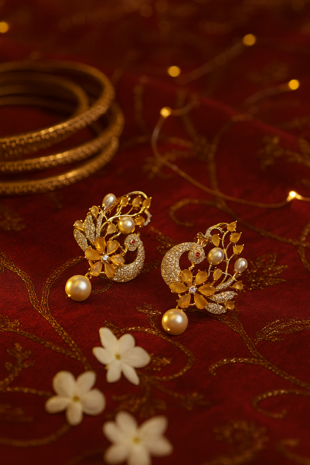 Floral Pearl Drop Gold Finish Premium AD Earrings