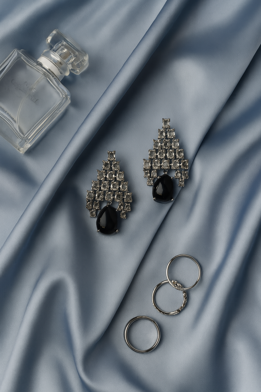 Chandelier Silver Earrings with Black Drop