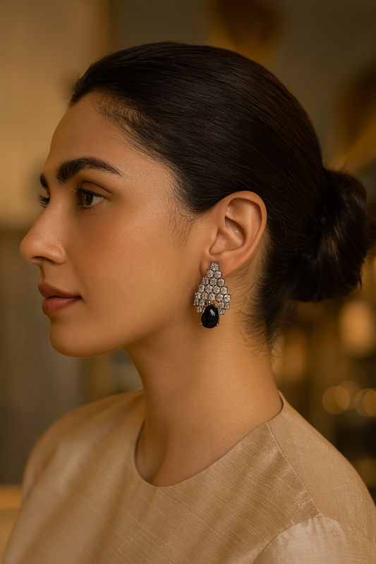 Chandelier Silver Earrings with Black Drop