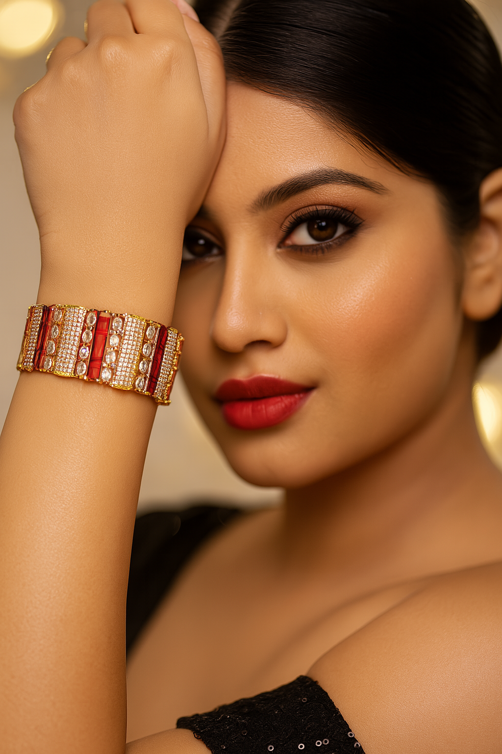 Royal Gold Kada with Red and White Stone Embellishments