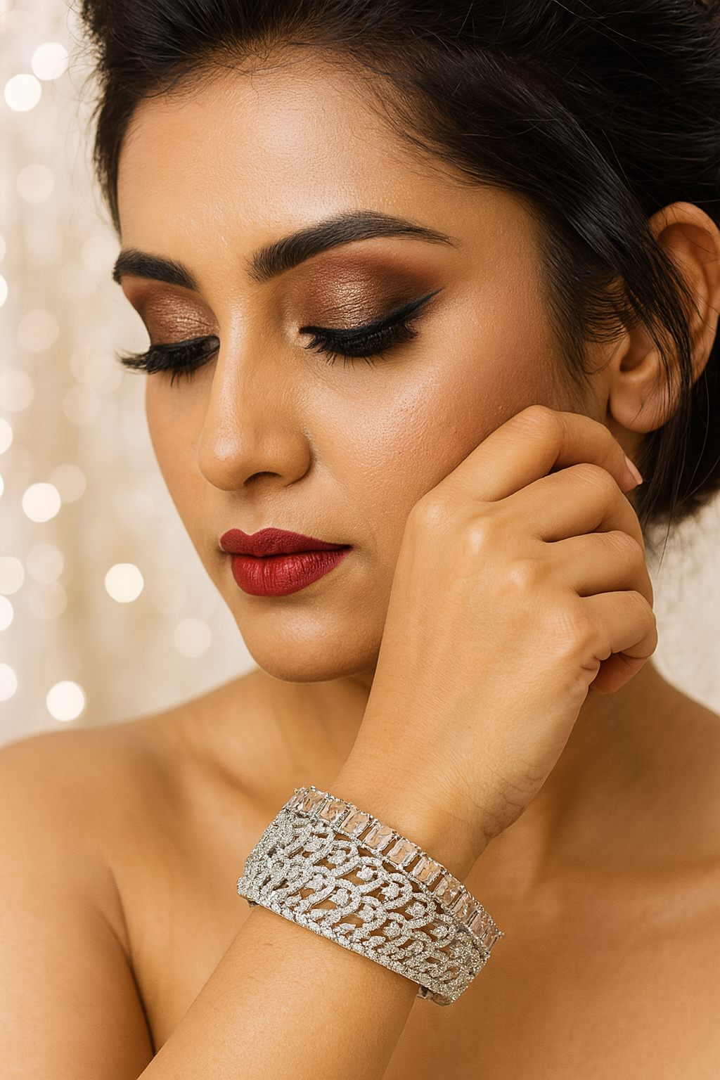 Dual Layered Silver Bracelet with Champagne Stones