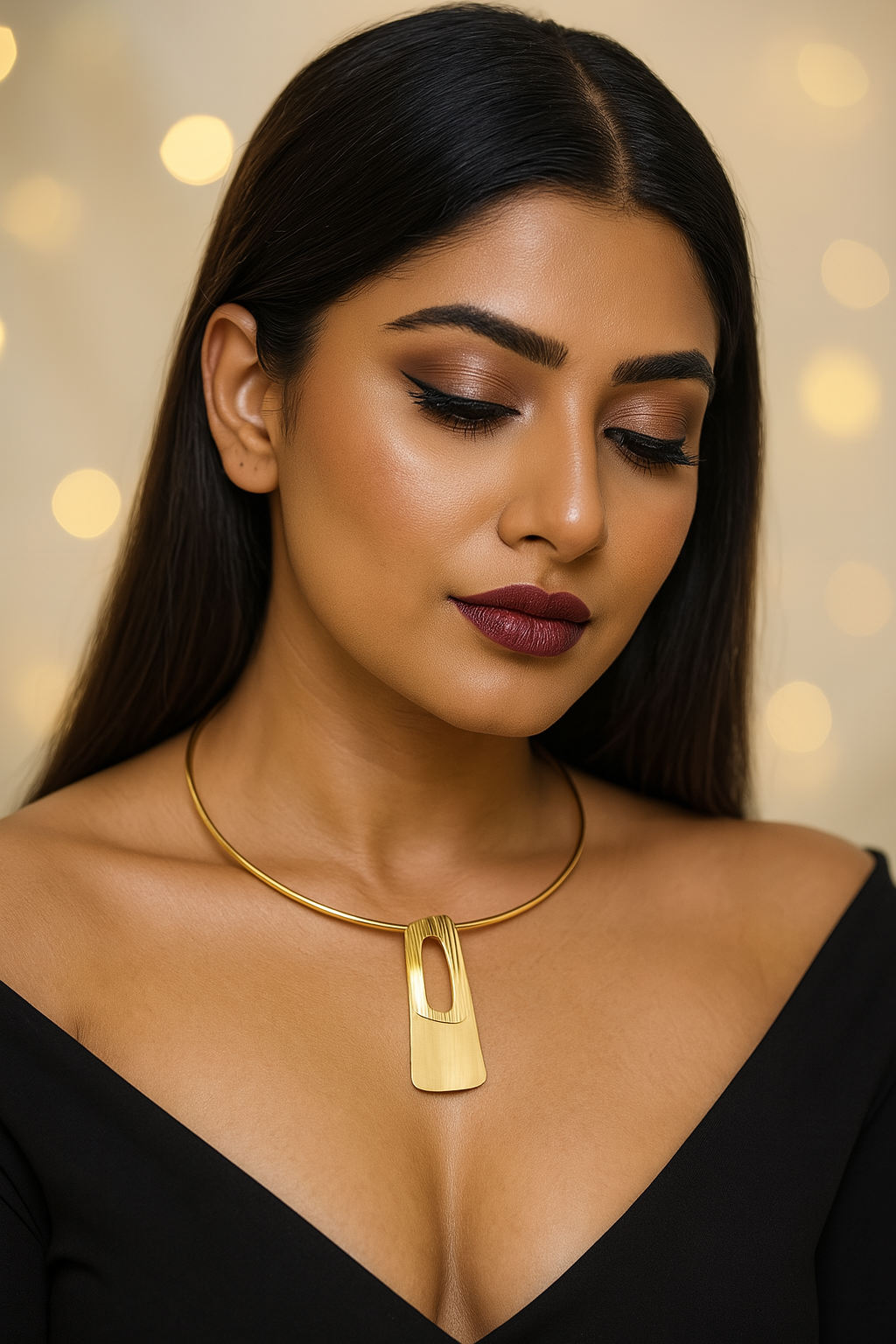 Wooden Texture Oval Pendant Necklace in Gold Finish