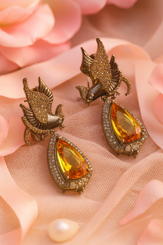 Silver-Tone Phoenix Earrings with Yellow Drop