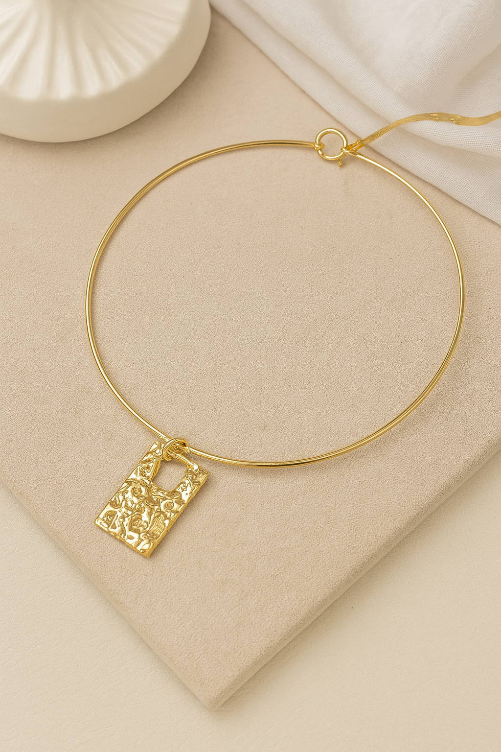 Textured Golden Bar Pendant Necklace with Chain