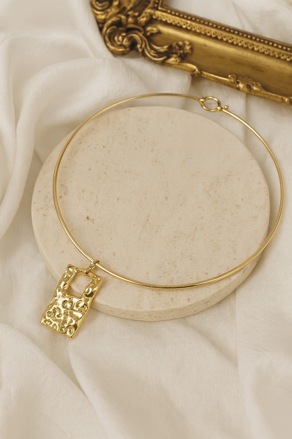 Textured Golden Bar Pendant Necklace with Chain