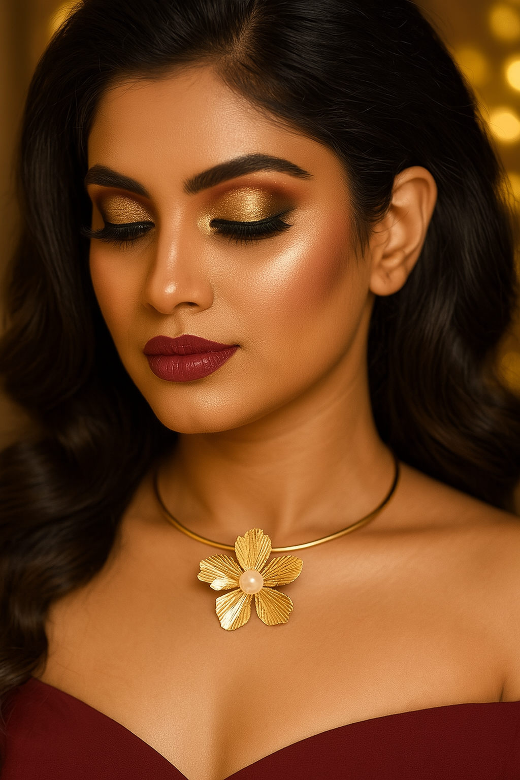 Golden Petal Pearl Centered Choker Necklace