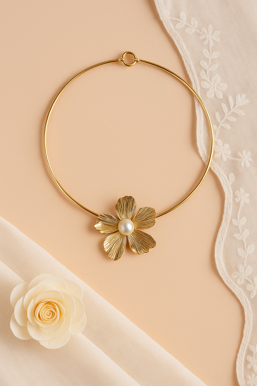 Golden Petal Pearl Centered Choker Necklace