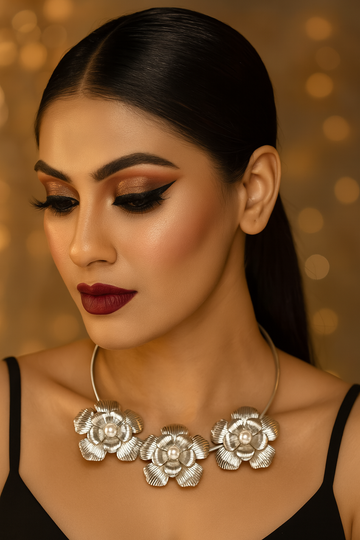 Silver Floral Pearl Statement Necklace for Women