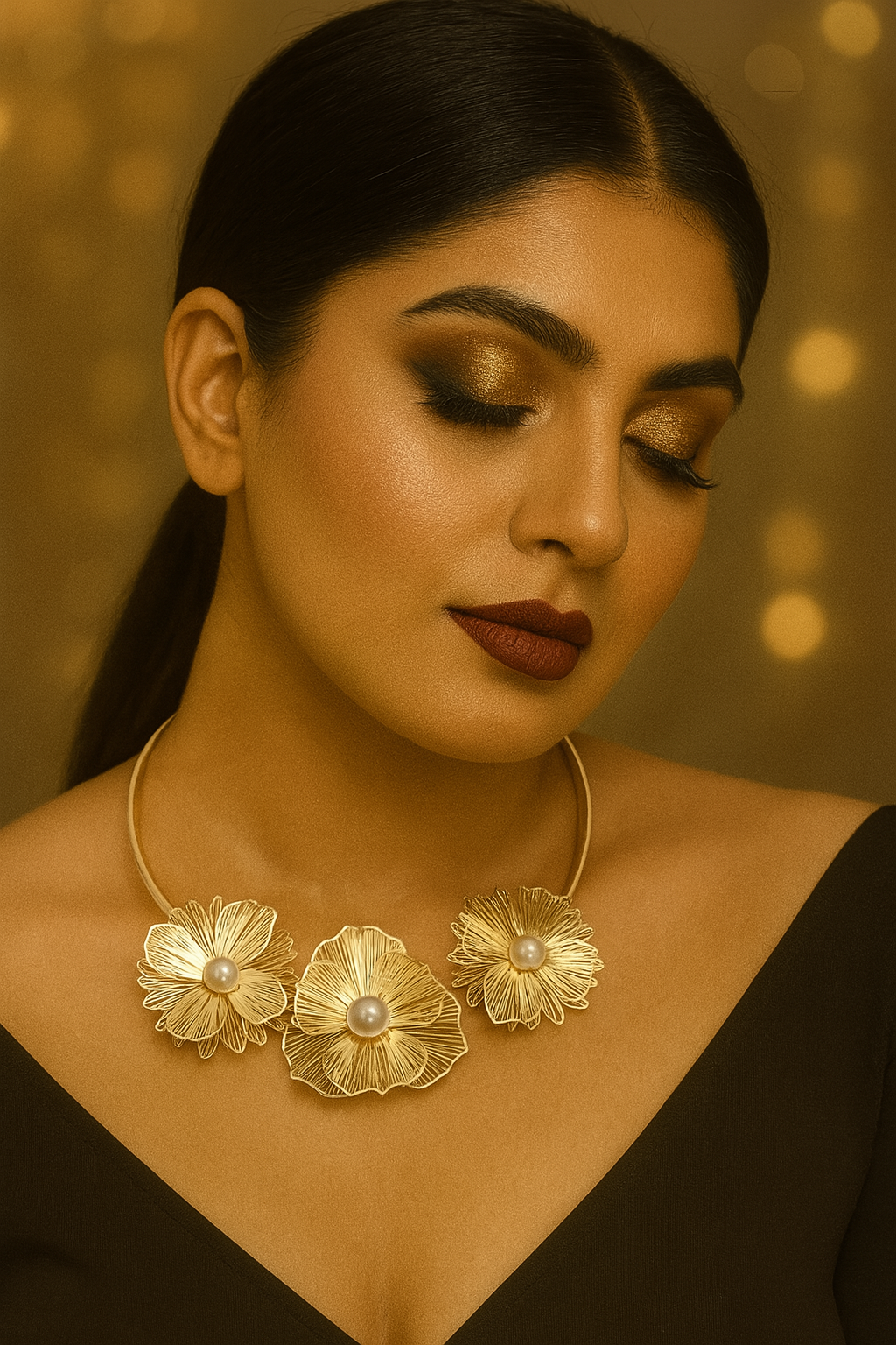 Textured Floral Trio Choker Necklace with Pearls