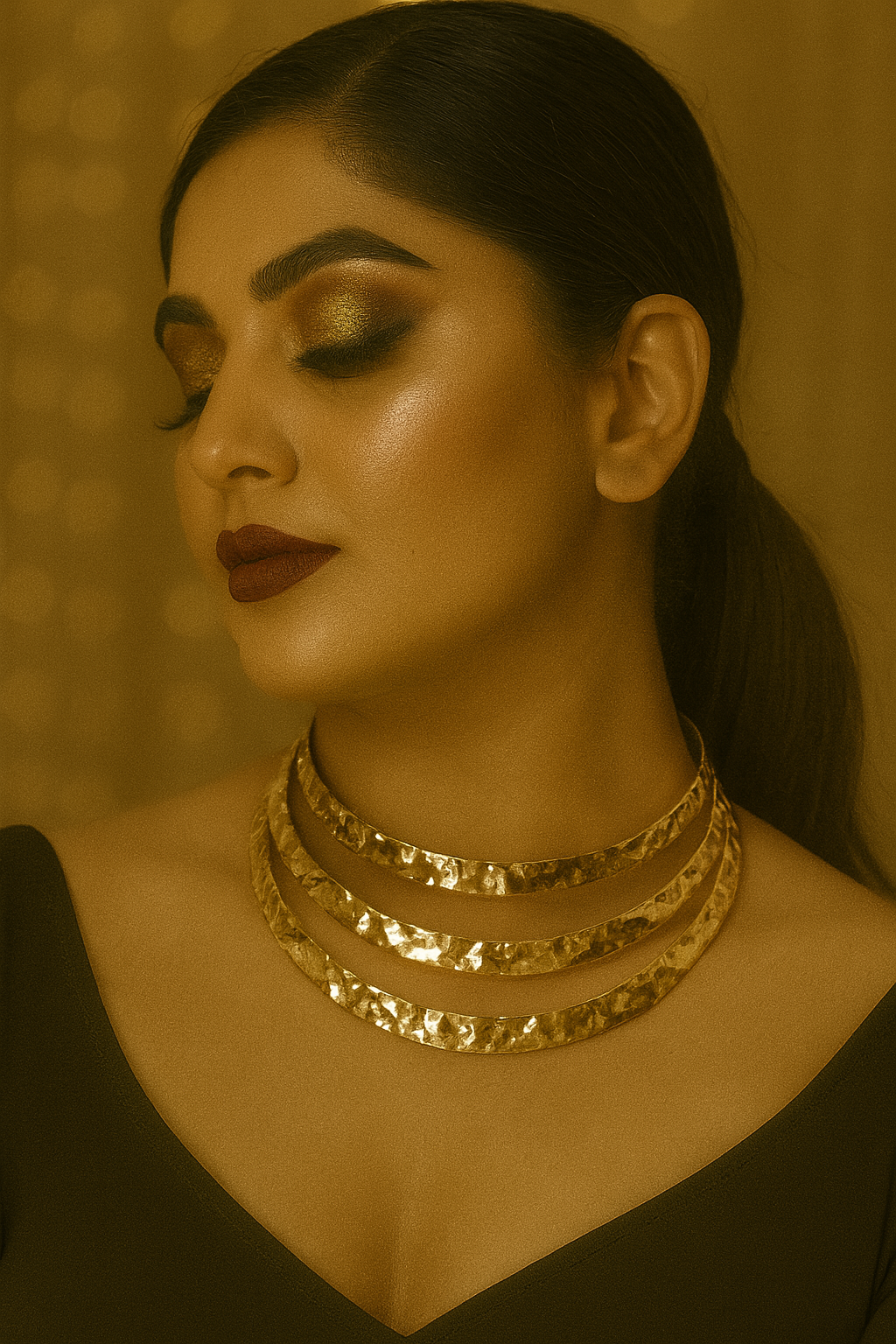 Triple Layered Hammered Gold Statement Collar Necklace