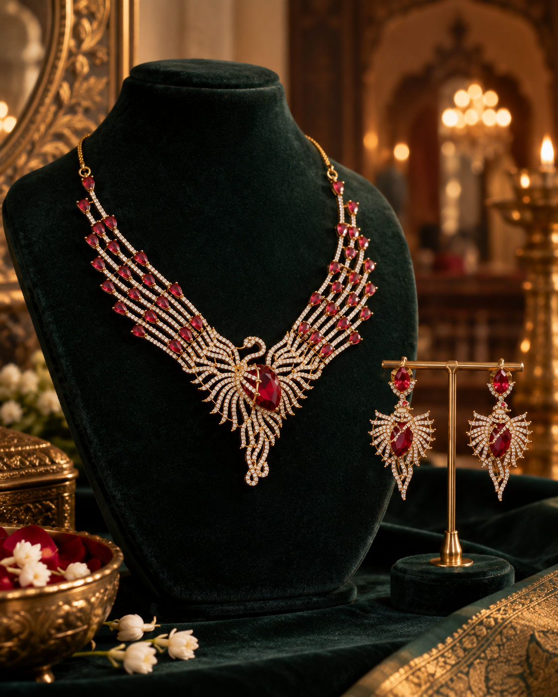 Ruby Flame Gold-Plated American Diamond Necklace Set