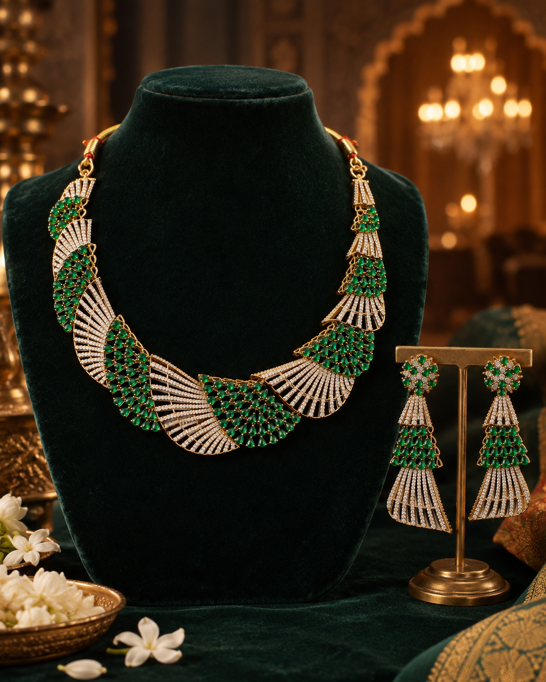 Emerald Fanwork Gold-Plated American Diamond Necklace Set