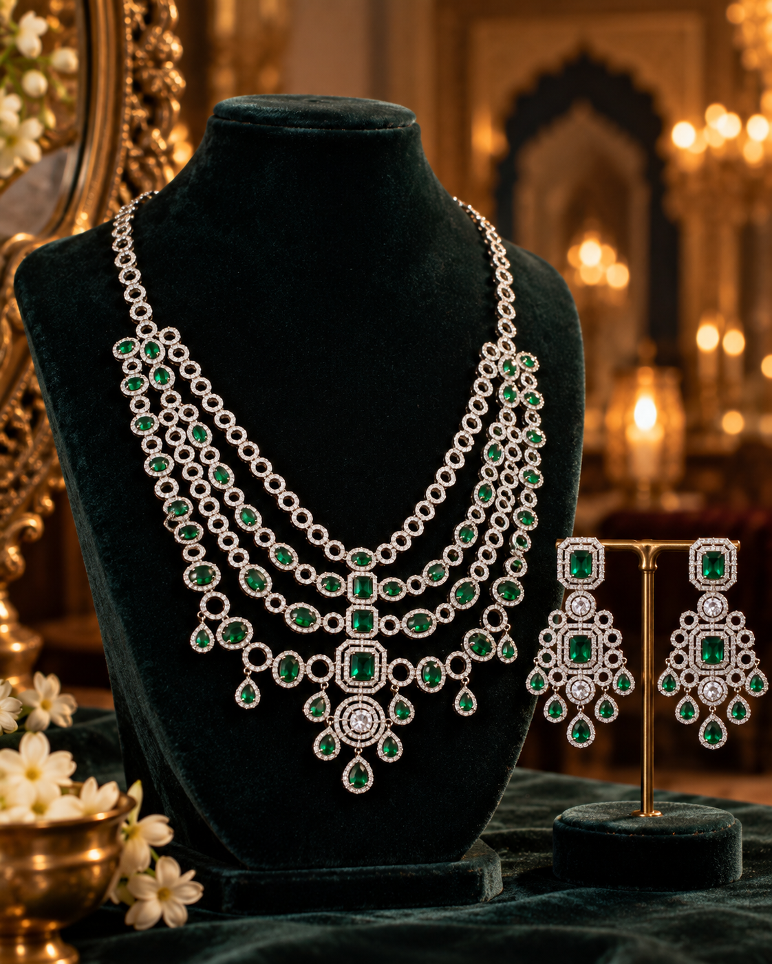 Emerald Layered American Diamond Chandelier Necklace Set